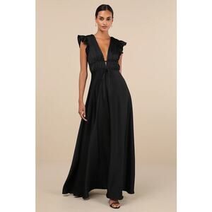 NWOT Lulus I'm All Yours Black Satin Cutout Ruffled Maxi Dress Wedding Prom Sz L